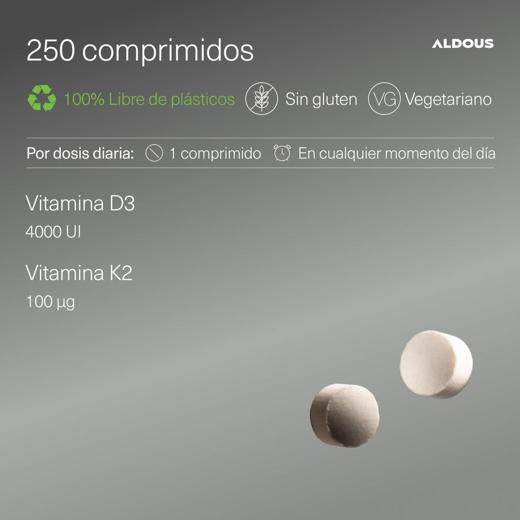ALDOUS Vitamina D3 y K2 4000 UI - 250 comprimidos + 8 meses - Vitamina K2 100mcg - Vitamina D Colecalciferol