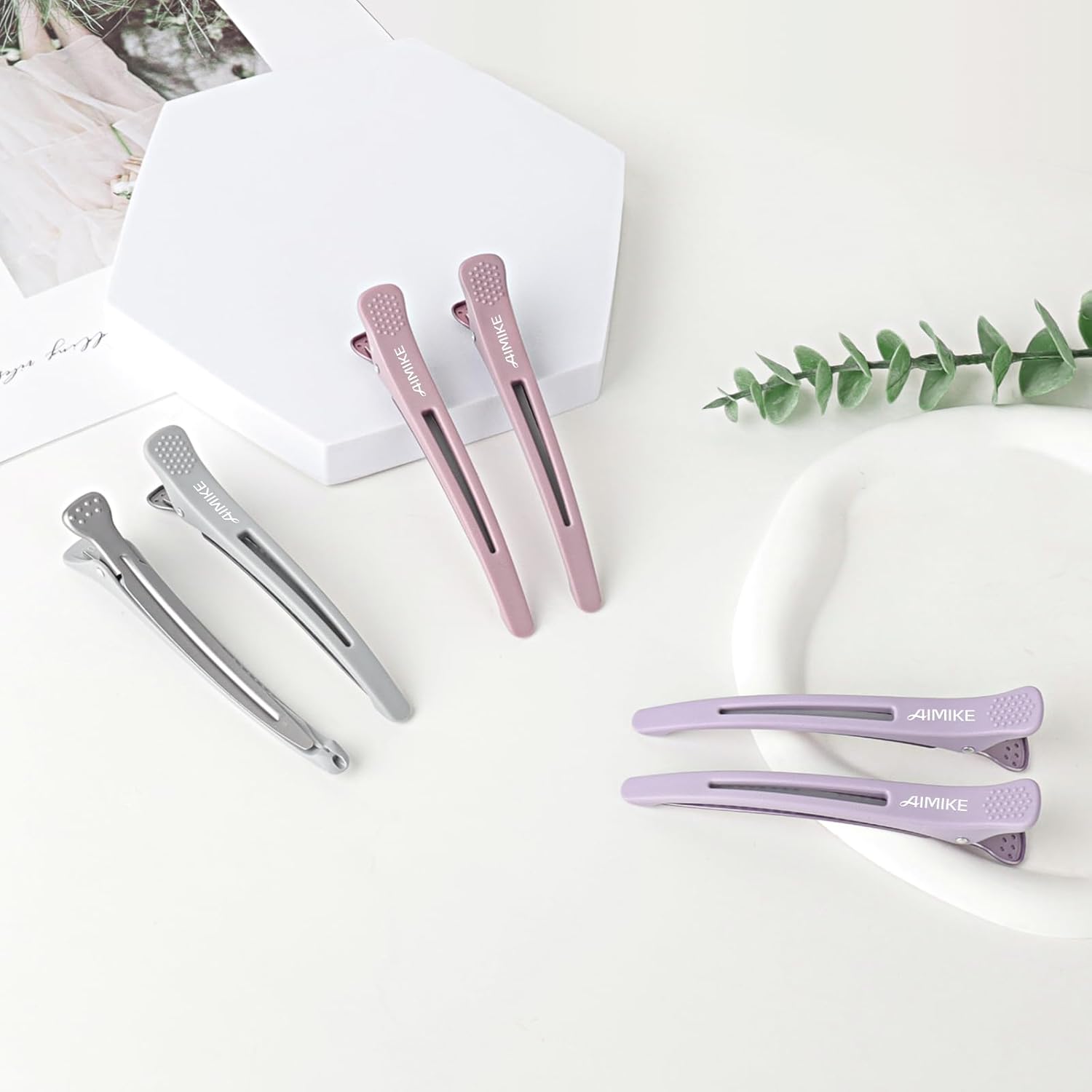 Pinzas de Peluquería Profesionales AIMIKE 6 Unidades – Pico de Pato con Banda de Silicona, Sin Marcas, Colores Morandi