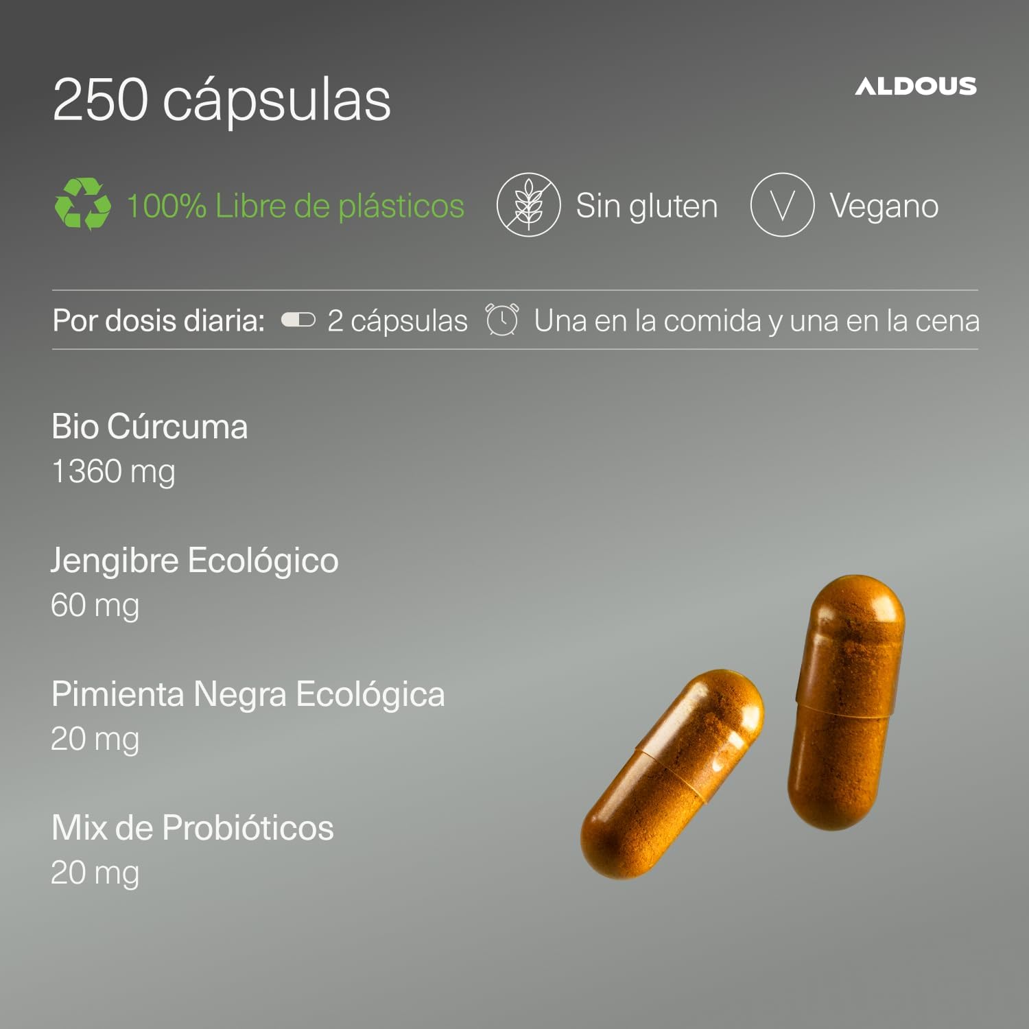 ALDOUS  PROBIÓTICOS + BIO Cúrcuma con Jengibre y Pimienta Negra - 1460mg - con Curcumina y Piperina - Antiinflamatorio Natural 250 capsulas