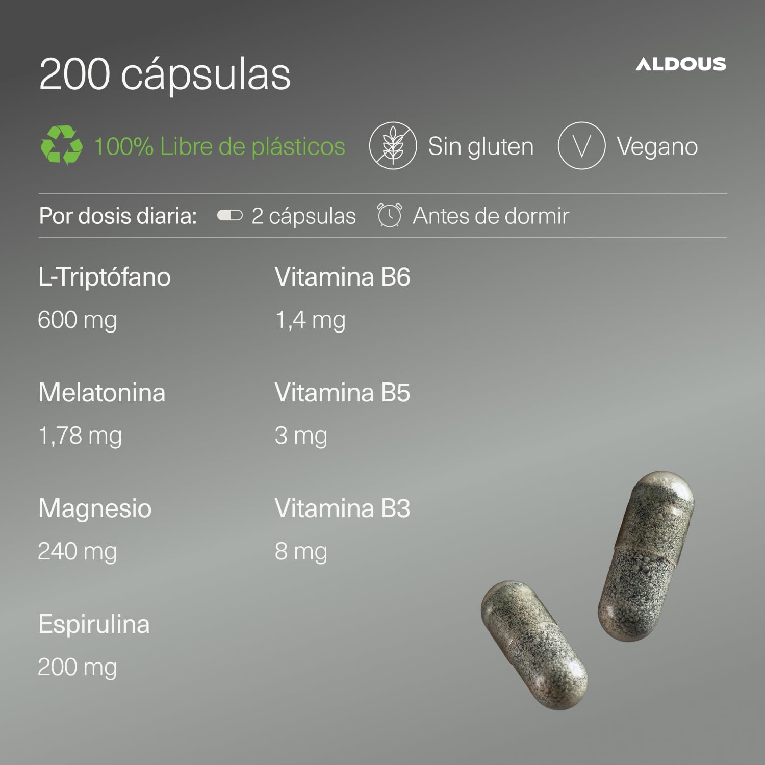 Triptófano + Melatonina 1,78mg + Magnesio | Sueño – Aldous
