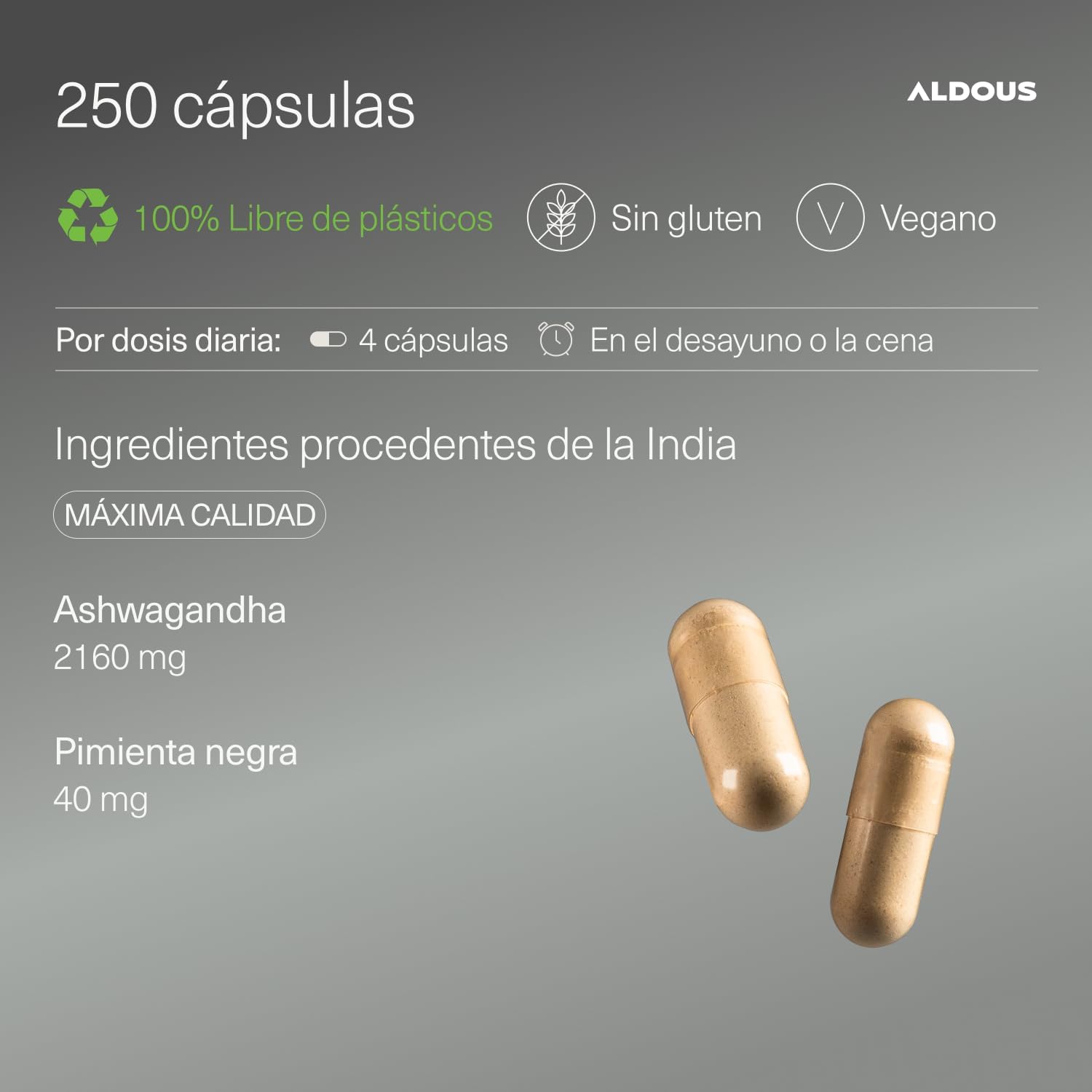 Ashwagandha Orgánica 2160mg + Pimienta Negra | 250 Cápsulas – Aldous