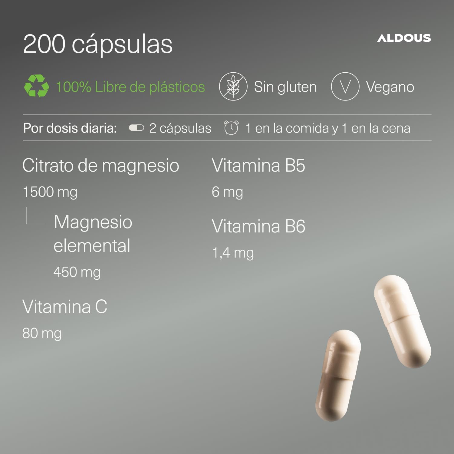 ALDOUS Citrato de Magnesio 1500 mg - 200 Cápsulas - Magnesio Puro 450mg + Vitamina C, B6, B5 Dosis Diaria