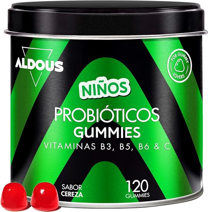 ALDOUS Chuches Probióticos Niños - 120 Gummies sabor natural Cereza - Flora intestinal, Gases e Hinchazón - Bifidobacterium, Lactobacillus, Vitamina C, B3, B5, B6