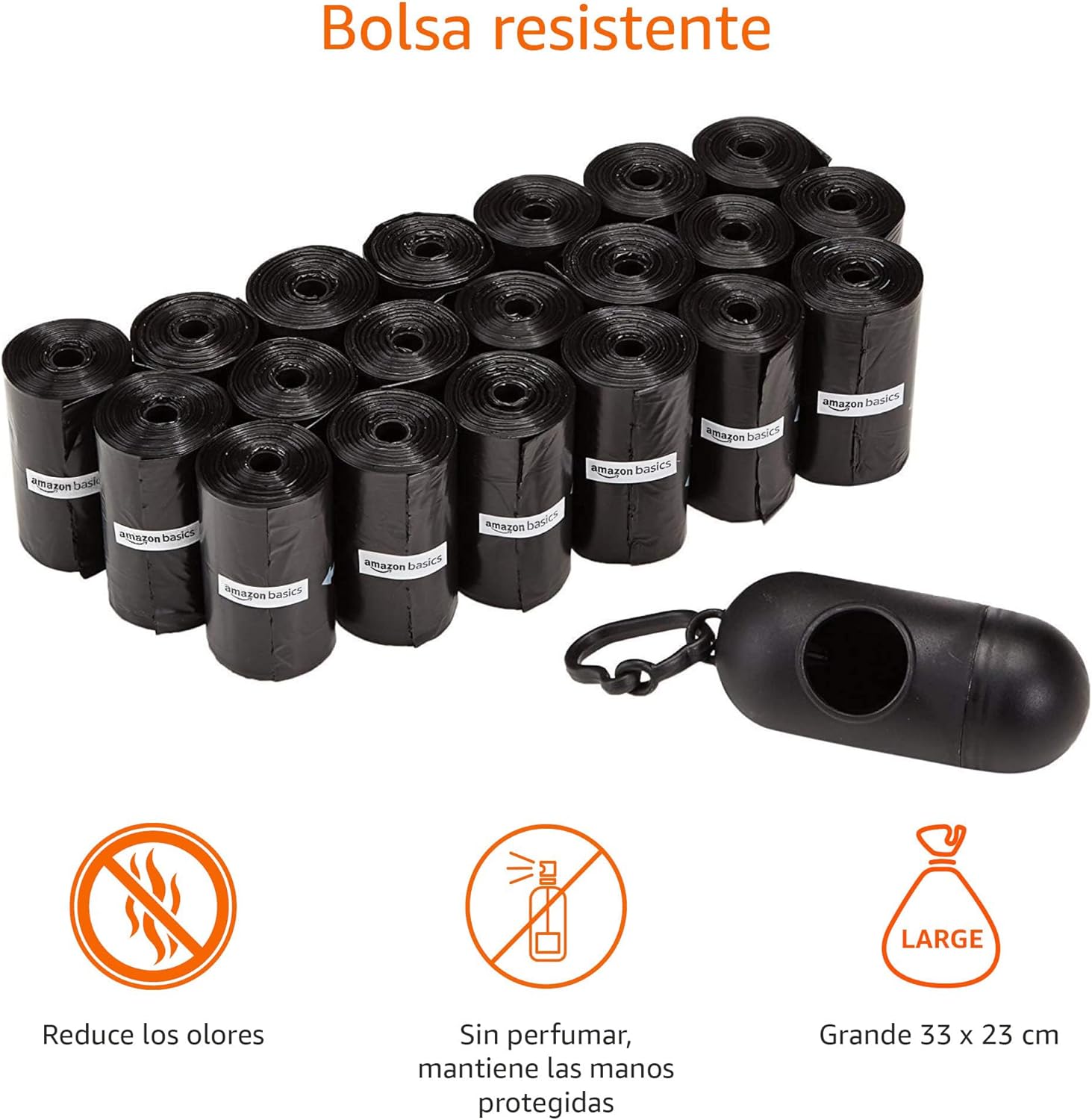Bolsas para Excrementos de Perro Amazon Basics 300 Unidades – Con Dispensador y Clip para Correa, Sin Fragancia (20 Rollos x 15 Bolsas)