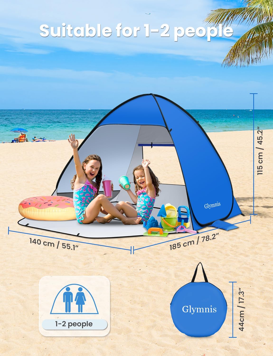 Glymnis Tienda de Playa Pop Up 2-3 Personas UPF 50+ Instantanea Portatil