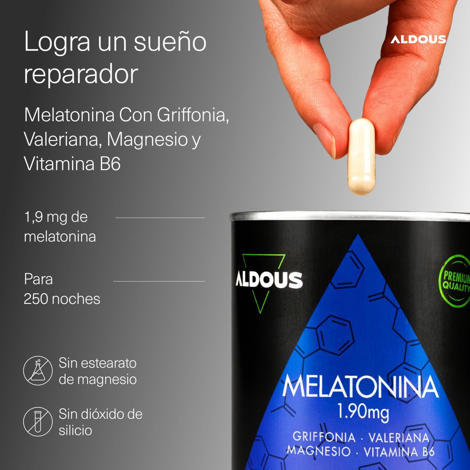 Melatonina 1,9mg + Magnesio, Valeriana y 5HTP | Sueño – Aldous