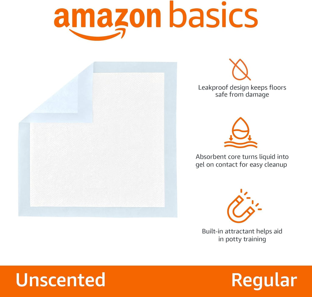 Empapadores para Perros Amazon Basics 50 Unidades – 5 Capas, Secado Rápido, Antifugas, 56 x 56 cm (Azul)