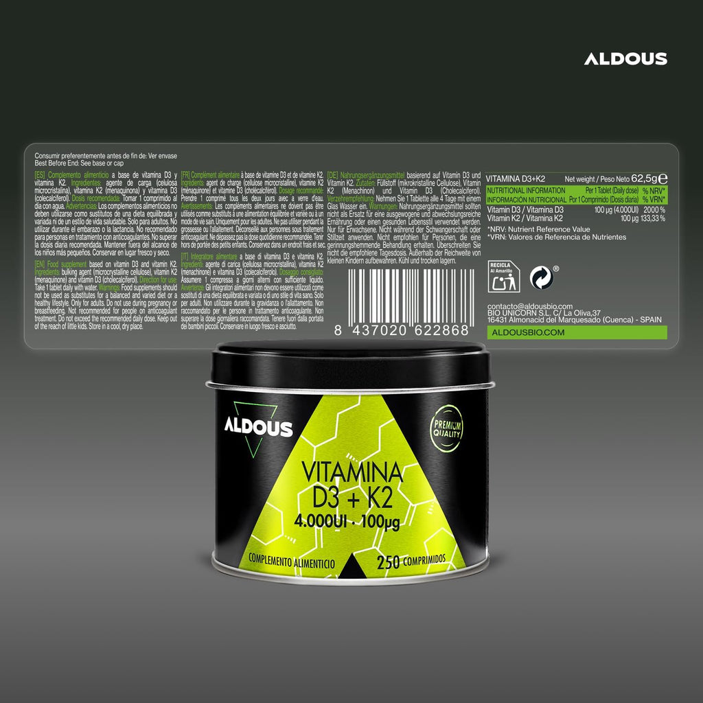 ALDOUS Vitamina D3 y K2 4000 UI - 250 comprimidos + 8 meses - Vitamina K2 100mcg - Vitamina D Colecalciferol