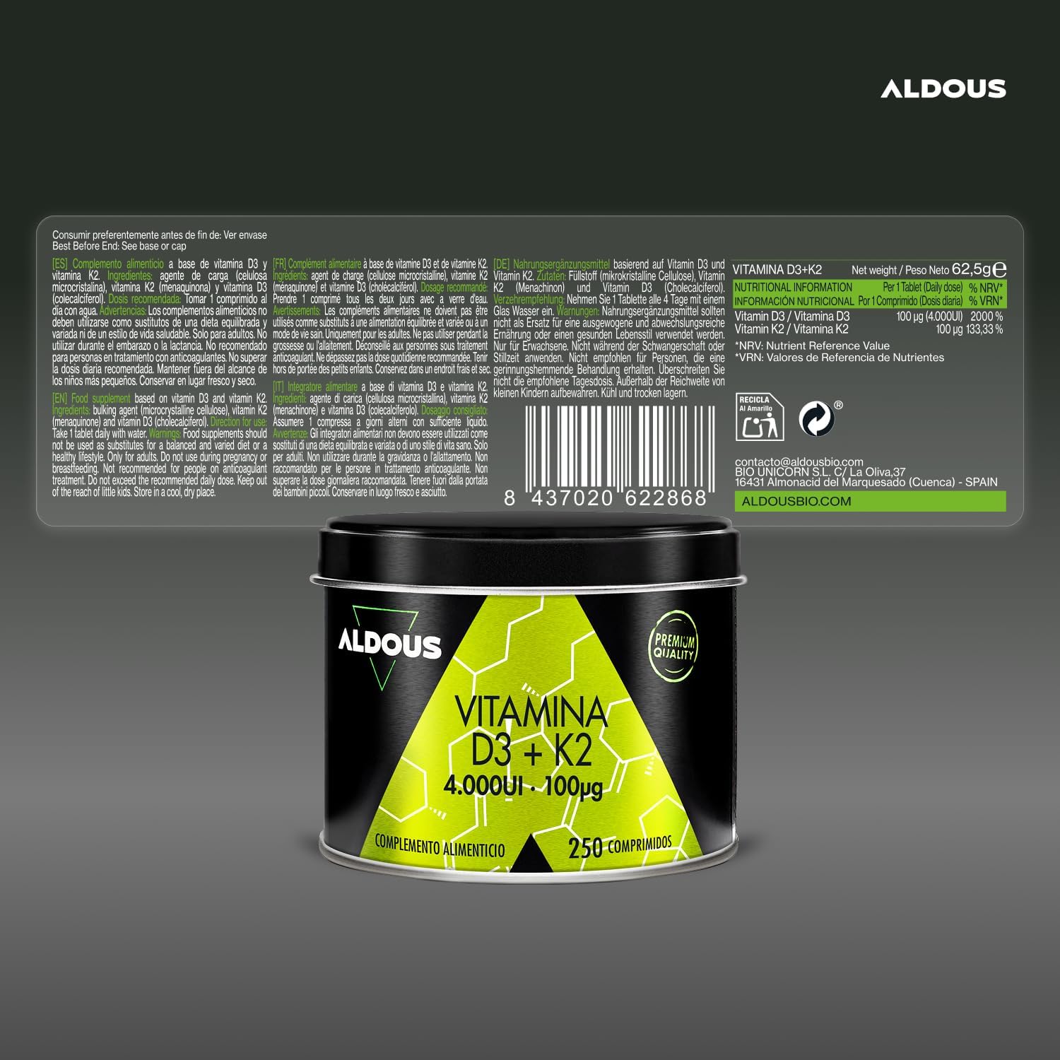 ALDOUS Vitamina D3 y K2 4000 UI - 250 comprimidos + 8 meses - Vitamina K2 100mcg - Vitamina D Colecalciferol