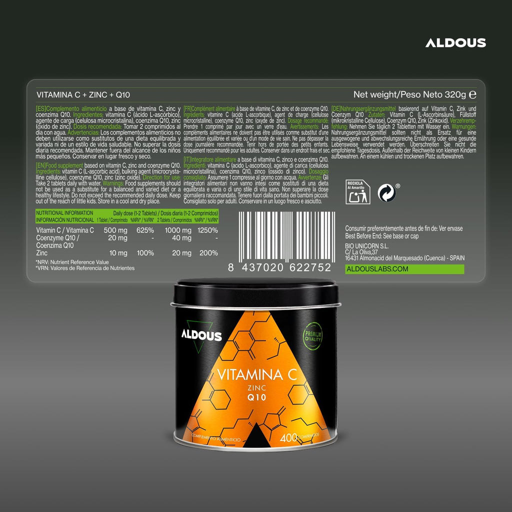 Vitamina C 1000mg + Zinc + Q10 | Defensas e Inmunidad – Aldous