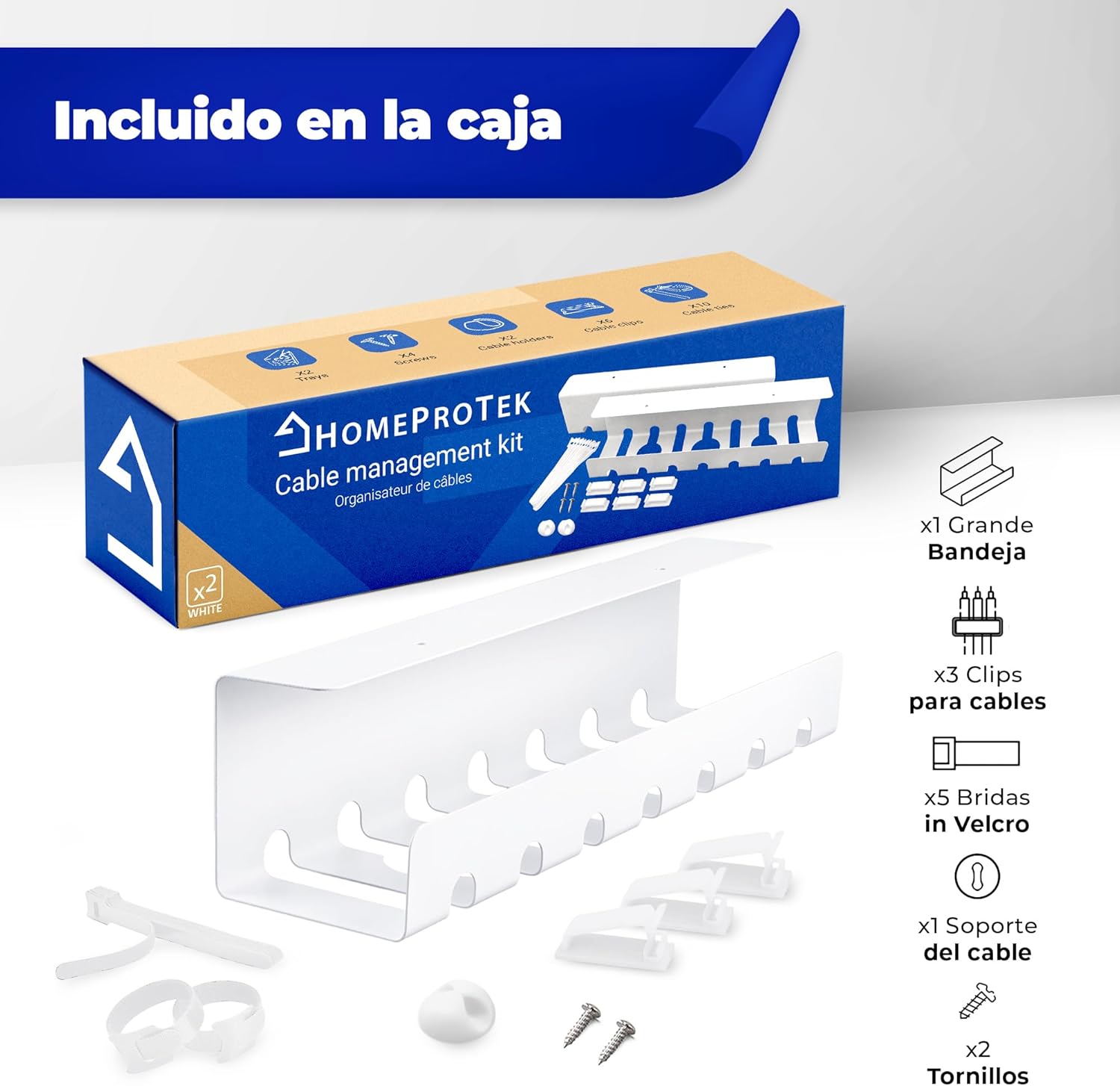 HOMEPROTEK Bandeja Organizador Cables Escritorio - Kit Completo Gestion de Cables Blanco