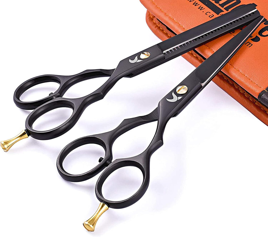 Tijeras de Peluquería Profesionales Candure 5,5" – Set Corte y Entresacar, Acero Inoxidable, Diseño Negro Profundo