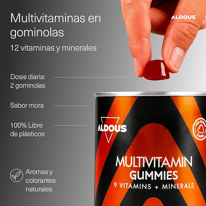 ALDOUS Gominolas Multivitaminas - 120 Gummies sabor natural Mora - 12 vitaminas y minerales - Todas las Vitaminas C, D, B12, E, A, B6, B5, Biotina, Ácido Fólico, Zinc, Yodo, Colina - ALDOUS