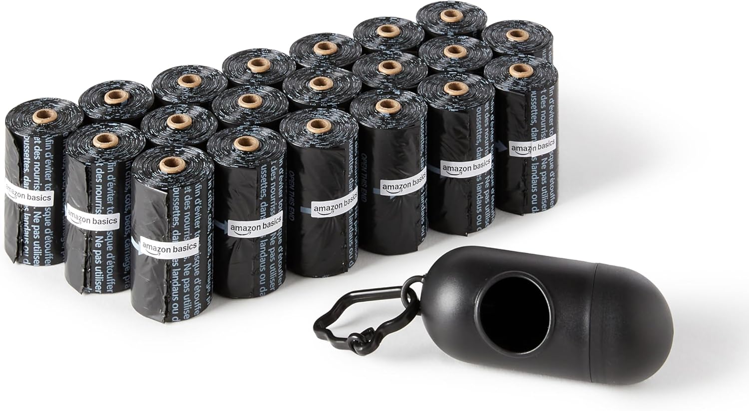 Bolsas para Excrementos de Perro Amazon Basics 300 Unidades – Con Dispensador y Clip para Correa, Sin Fragancia (20 Rollos x 15 Bolsas)