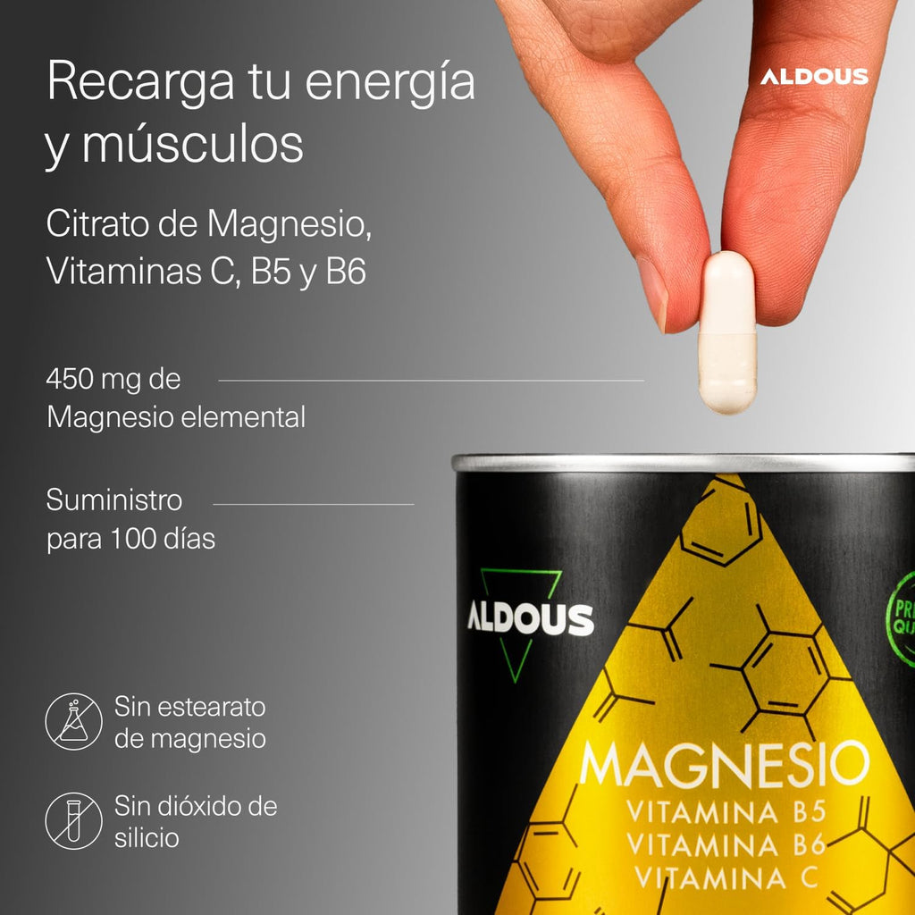 ALDOUS Citrato de Magnesio 1500 mg - 200 Cápsulas - Magnesio Puro 450mg + Vitamina C, B6, B5 Dosis Diaria