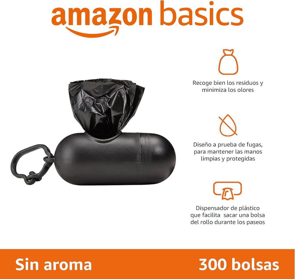 Bolsas para Excrementos de Perro Amazon Basics 300 Unidades – Con Dispensador y Clip para Correa, Sin Fragancia (20 Rollos x 15 Bolsas)
