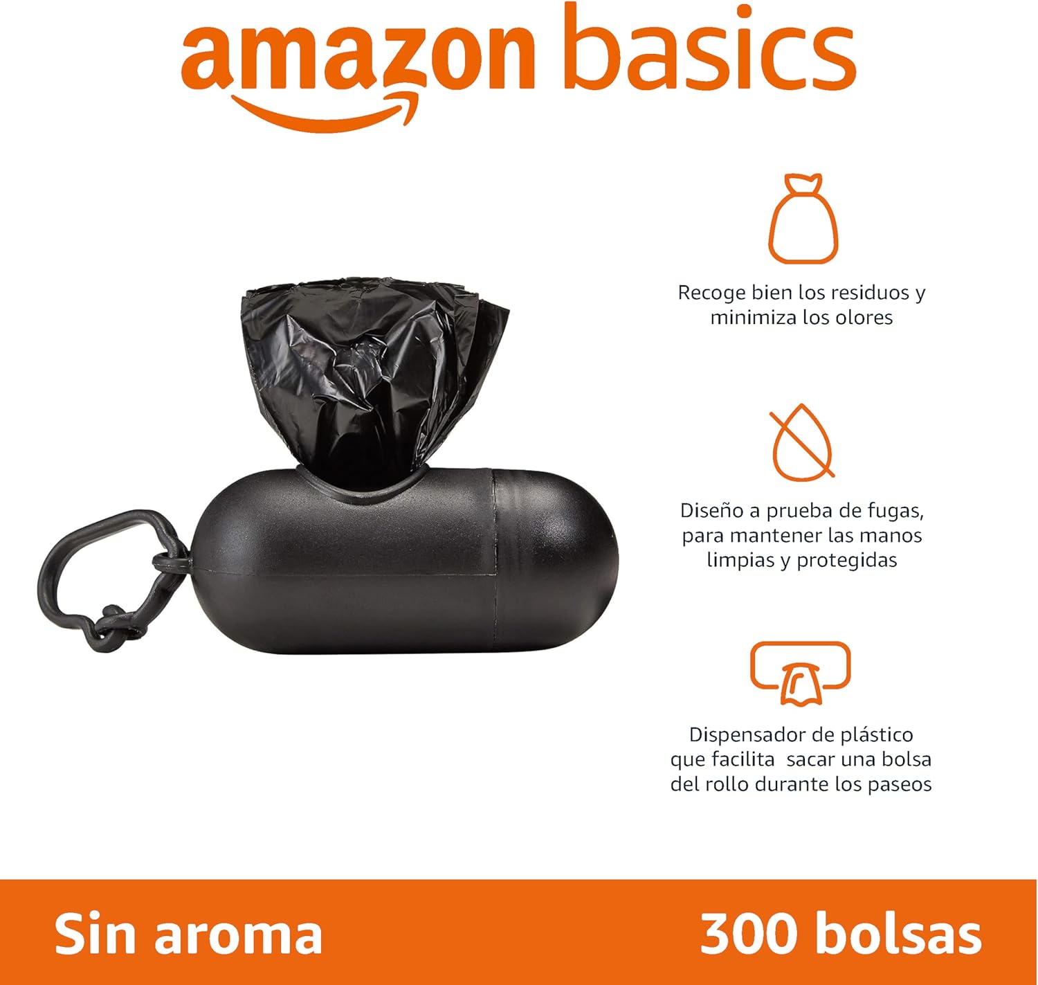 Bolsas para Excrementos de Perro Amazon Basics 300 Unidades – Con Dispensador y Clip para Correa, Sin Fragancia (20 Rollos x 15 Bolsas)