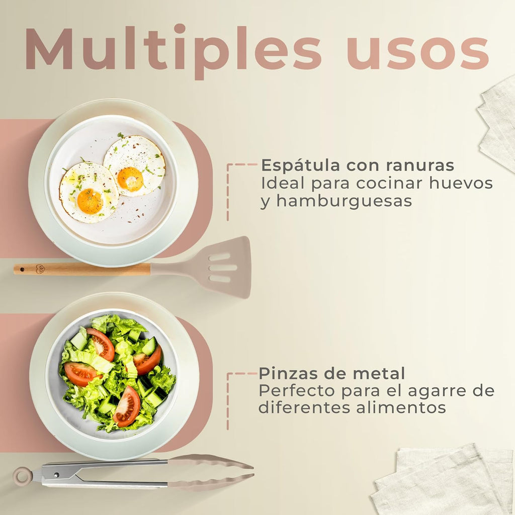 Set de Utensilios de Cocina JUPPLIES 12 Piezas – Silicona con Mango de Madera, Resistente al Calor, Soporte Incluido (Marrón)