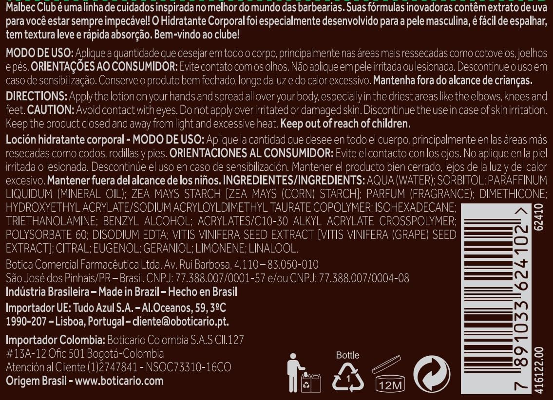 O Boticário Malbec Club Hidratante Corporal Crema para Hombre 200ml