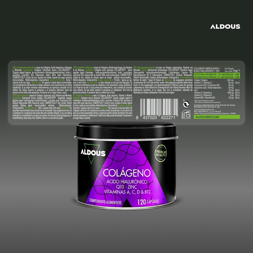 ALDOUS Colágeno Hidrolizado Puro + Ácido Hialurónico + Coenzima Q10 + Vitaminas y B12 + Zinc