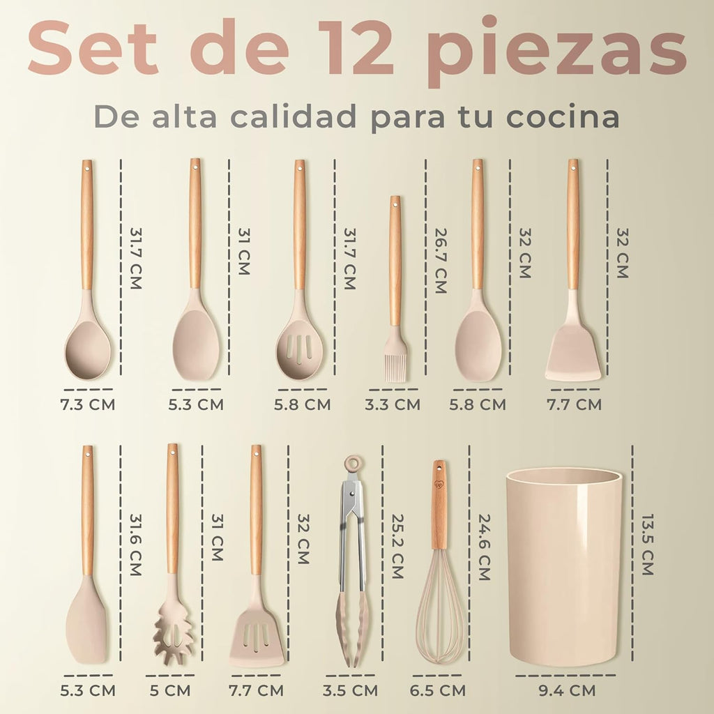 Set de Utensilios de Cocina JUPPLIES 12 Piezas – Silicona con Mango de Madera, Resistente al Calor, Soporte Incluido (Marrón)