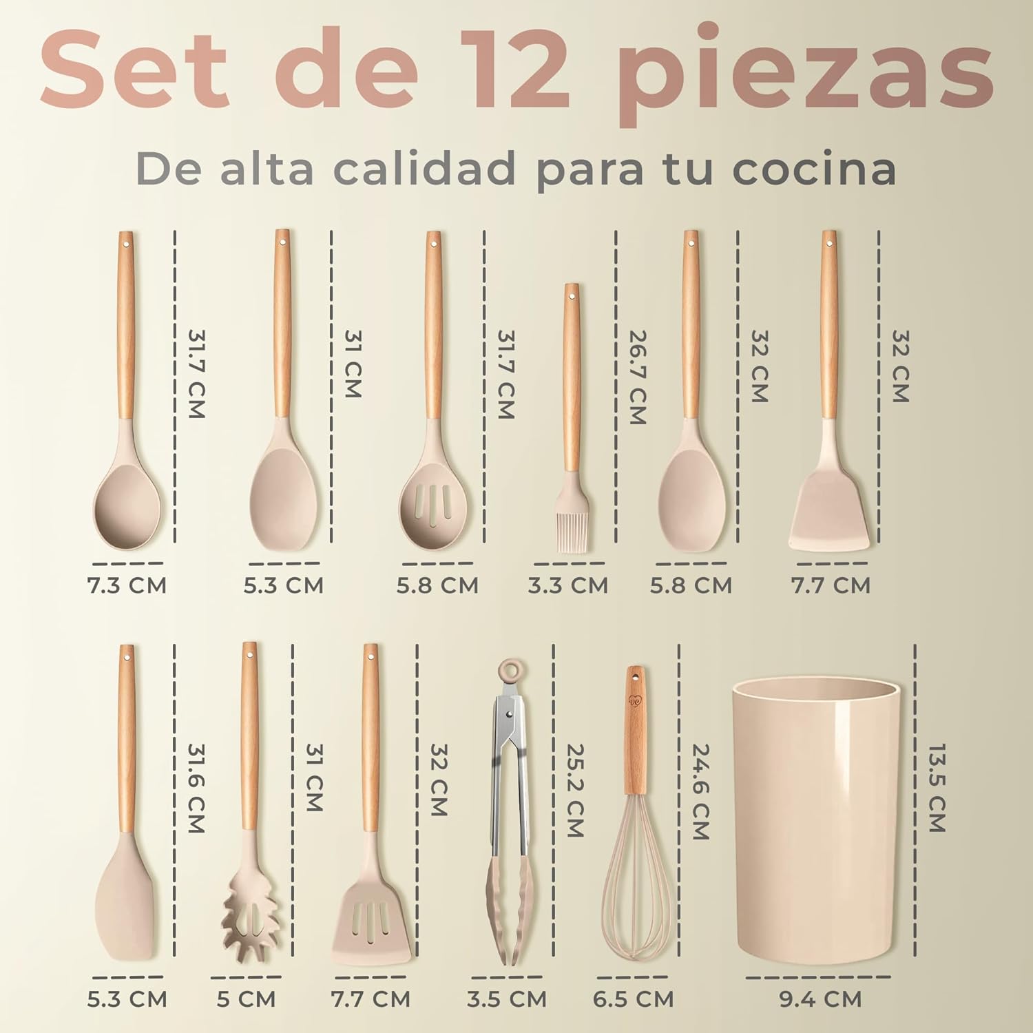 Set de Utensilios de Cocina JUPPLIES 12 Piezas – Silicona con Mango de Madera, Resistente al Calor, Soporte Incluido (Marrón)