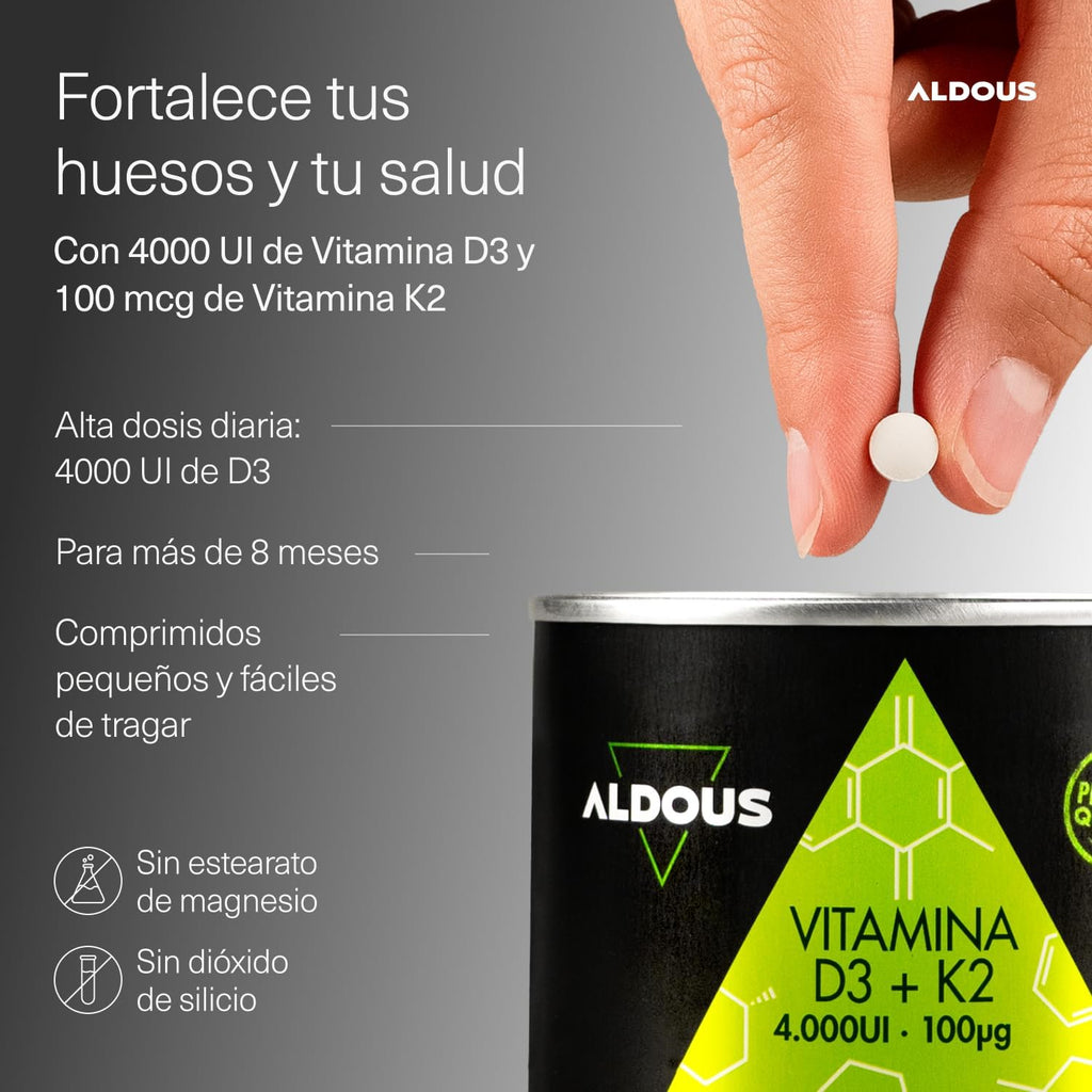 ALDOUS Vitamina D3 y K2 4000 UI - 250 comprimidos + 8 meses - Vitamina K2 100mcg - Vitamina D Colecalciferol