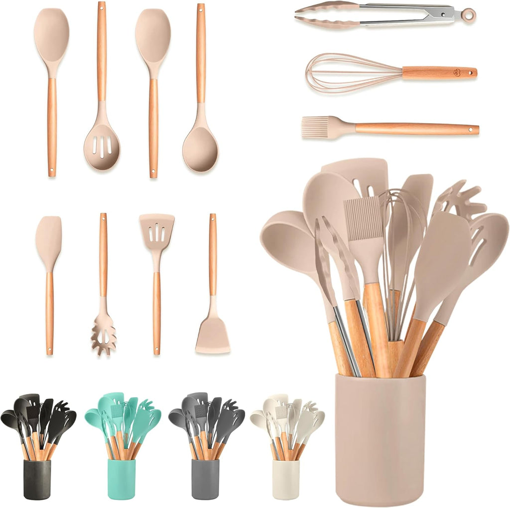 Set de Utensilios de Cocina JUPPLIES 12 Piezas – Silicona con Mango de Madera, Resistente al Calor, Soporte Incluido (Marrón)