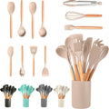 Set de Utensilios de Cocina JUPPLIES 12 Piezas – Silicona con Mango de Madera, Resistente al Calor, Soporte Incluido (Marrón)