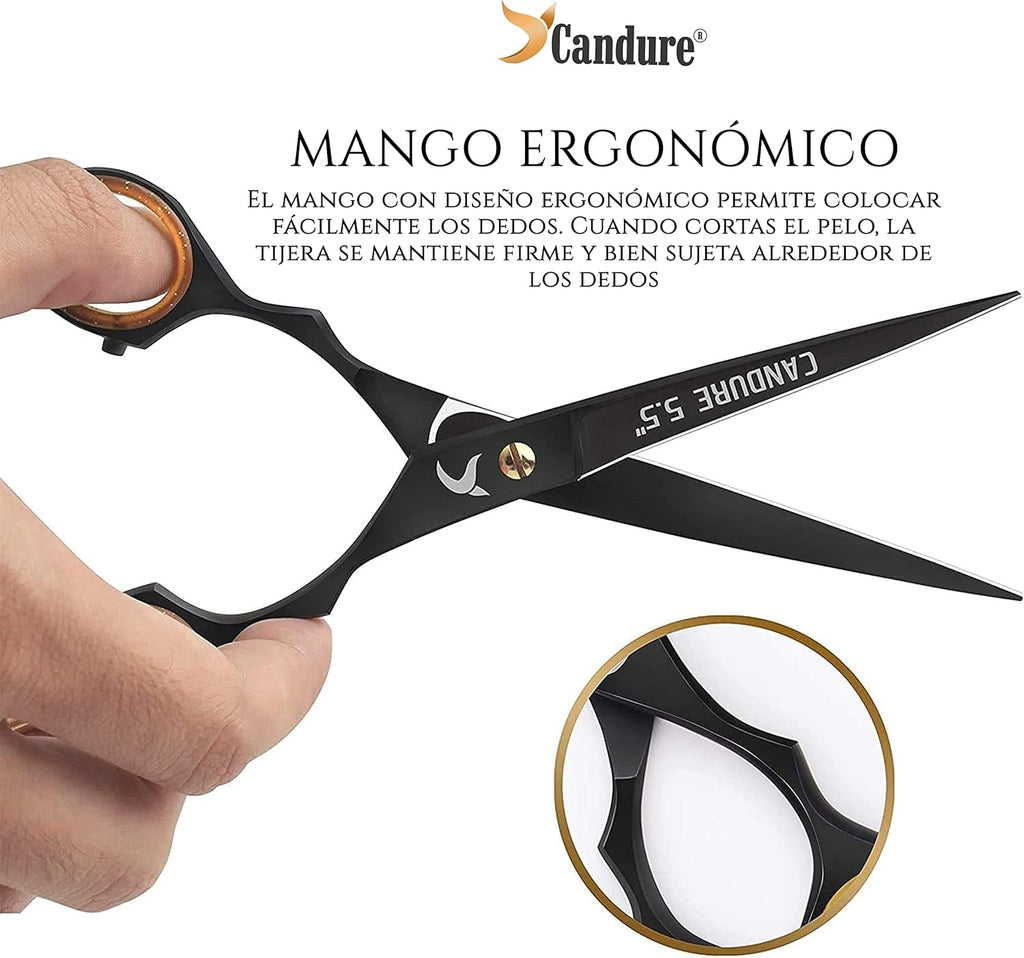 Tijeras de Peluquería Profesionales Candure 5,5" – Set Corte y Entresacar, Acero Inoxidable, Diseño Negro Profundo
