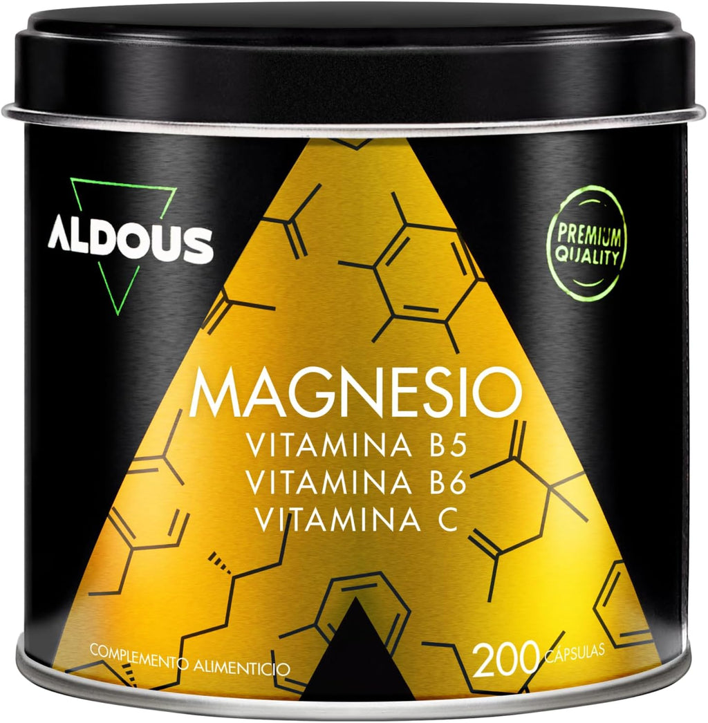 ALDOUS Citrato de Magnesio 1500 mg - 200 Cápsulas - Magnesio Puro 450mg + Vitamina C, B6, B5 Dosis Diaria