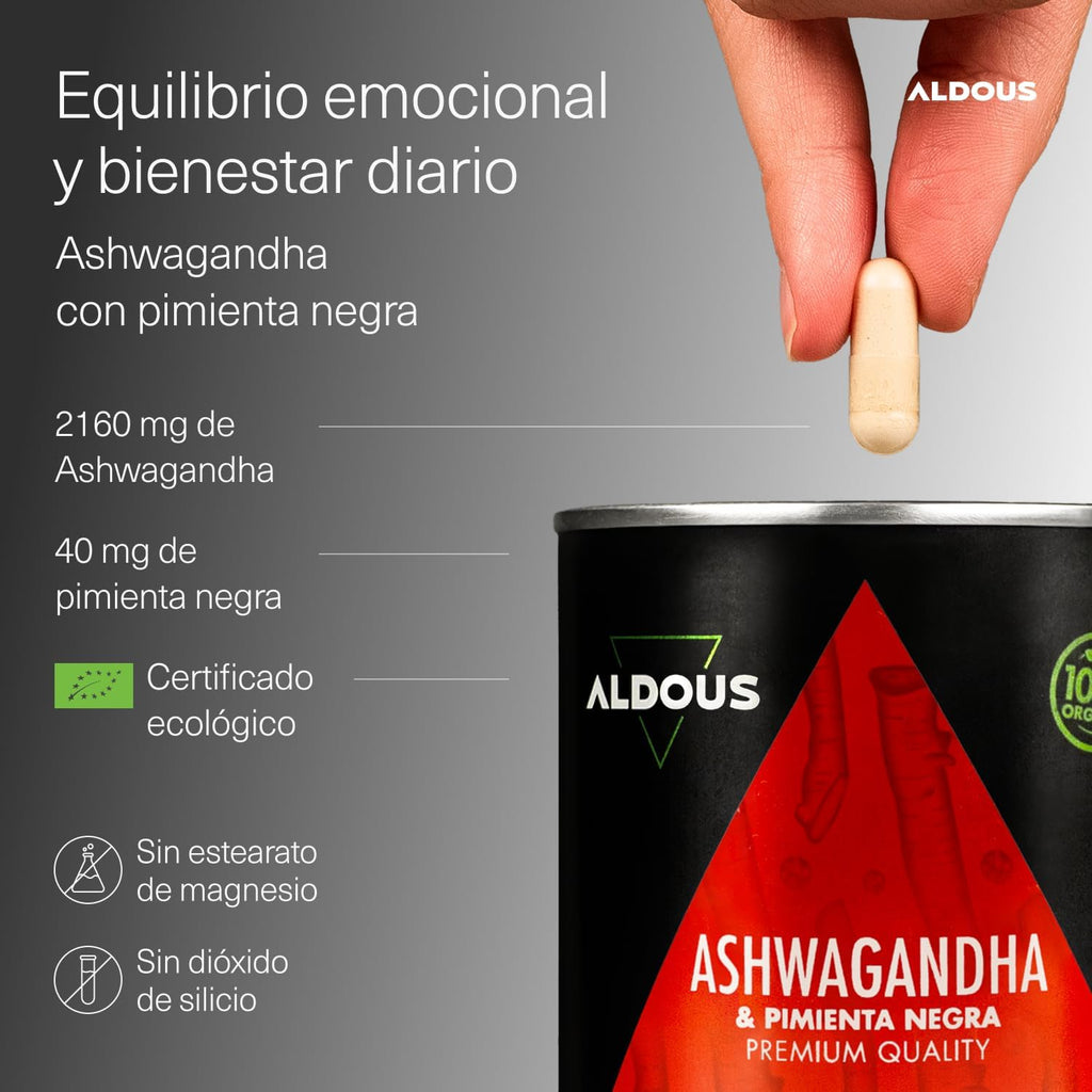Ashwagandha Orgánica 2160mg + Pimienta Negra | 250 Cápsulas – Aldous