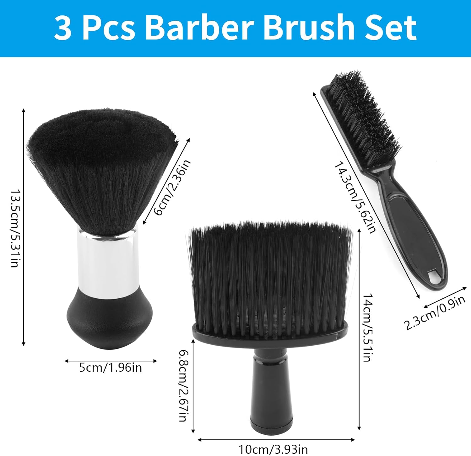 Set 3 Cepillos de Peluquería Svalor – Cepillo de Cuello, Plano y Cuadrado, Cerdas Suaves, Reutilizable (Negro/Blanco)