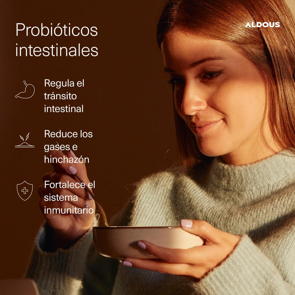 ALDOUS Probióticos Intestinales Gominolas - 120 Gummies sabor natural a Mora - Flora intestinal, Gases, Hinchazón - Bifidobacterium, Lactobacillus, Vitamina C, B3, B5, B6