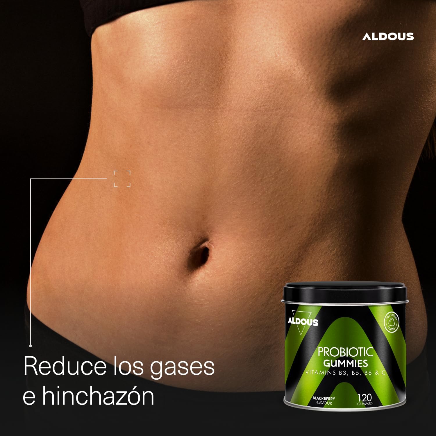 ALDOUS Probióticos Intestinales Gominolas - 120 Gummies sabor natural a Mora - Flora intestinal, Gases, Hinchazón - Bifidobacterium, Lactobacillus, Vitamina C, B3, B5, B6