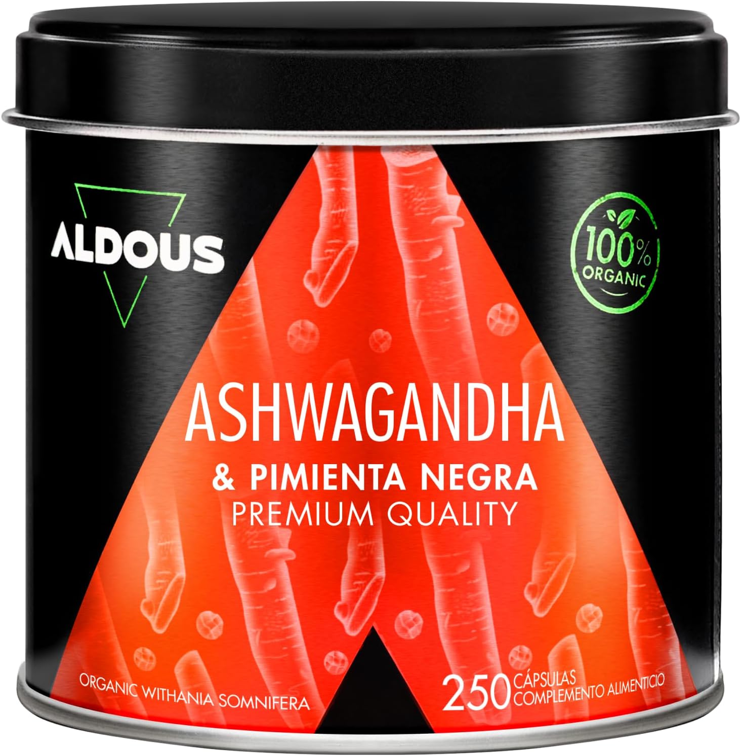 Ashwagandha Orgánica 2160mg + Pimienta Negra | 250 Cápsulas – Aldous