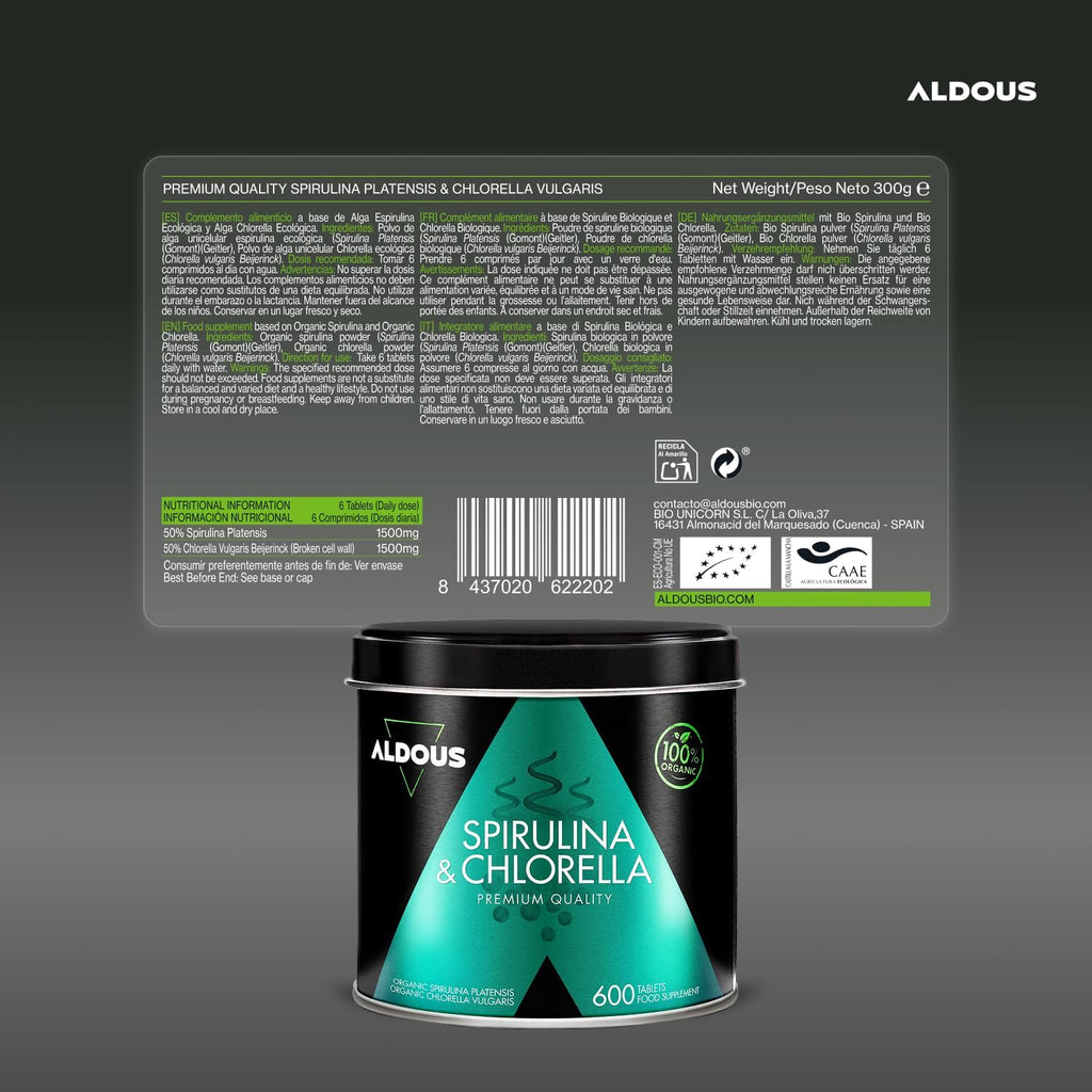 Chlorella y Espirulina Ecológica 600 Comprimidos | DETOX – Aldous