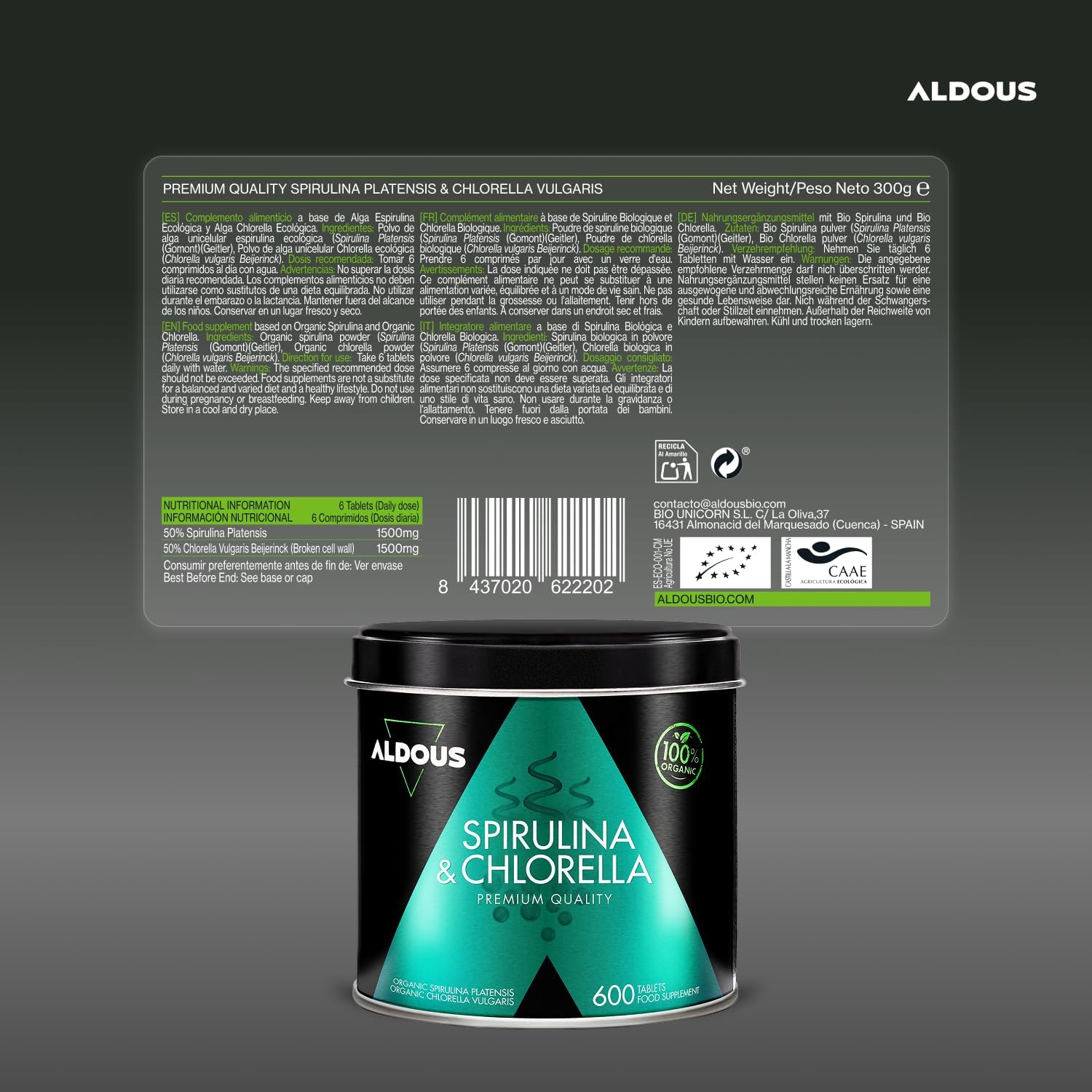 Chlorella y Espirulina Ecológica 600 Comprimidos | DETOX – Aldous