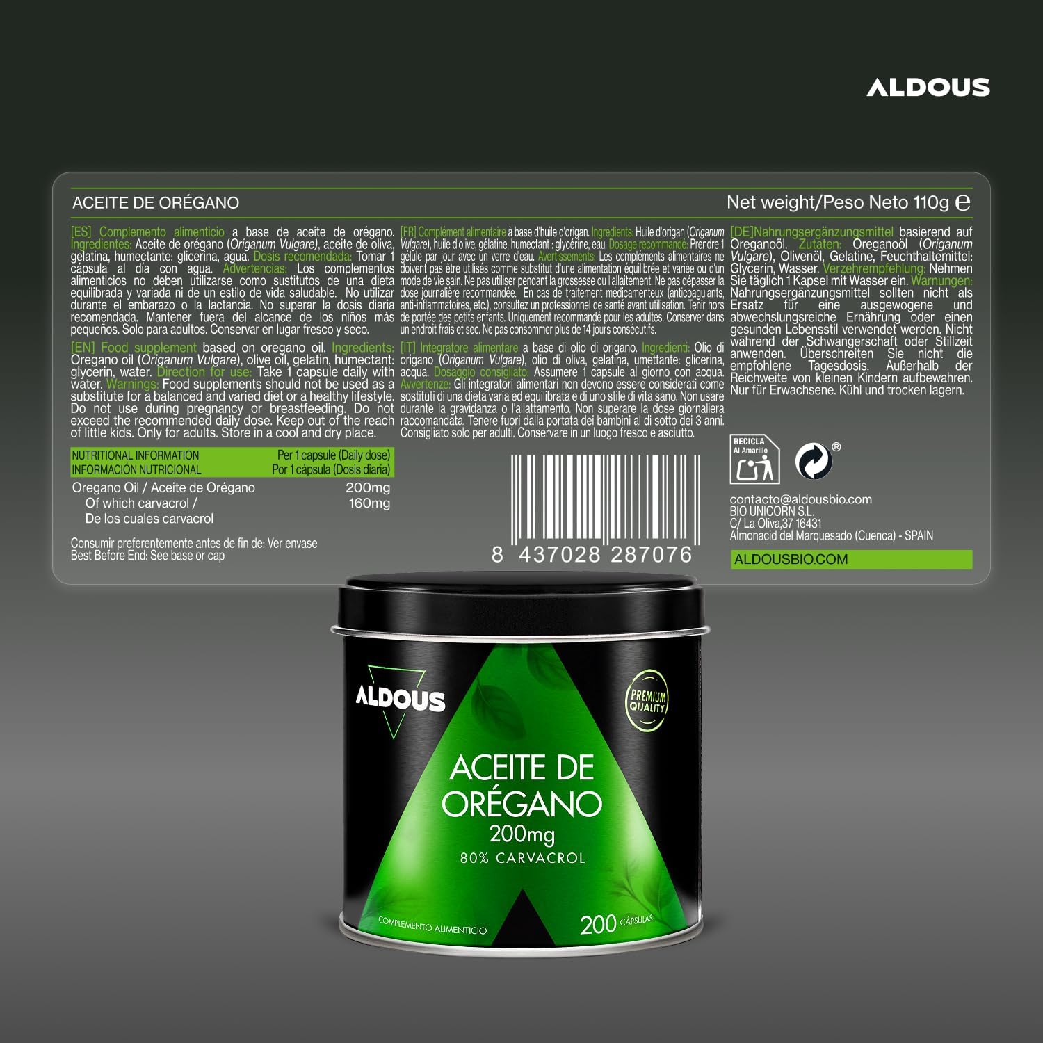 Aceite de Orégano 80% Carvacrol 160mg | 200 Cápsulas – Aldous