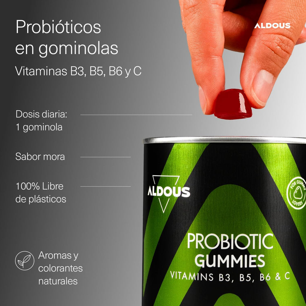 ALDOUS Probióticos Intestinales Gominolas - 120 Gummies sabor natural a Mora - Flora intestinal, Gases, Hinchazón - Bifidobacterium, Lactobacillus, Vitamina C, B3, B5, B6