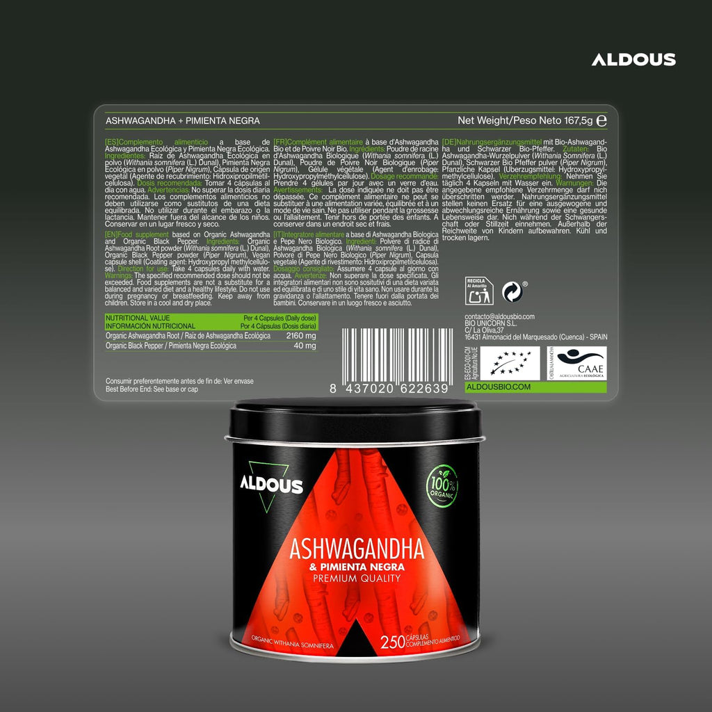 Ashwagandha Orgánica 2160mg + Pimienta Negra | 250 Cápsulas – Aldous