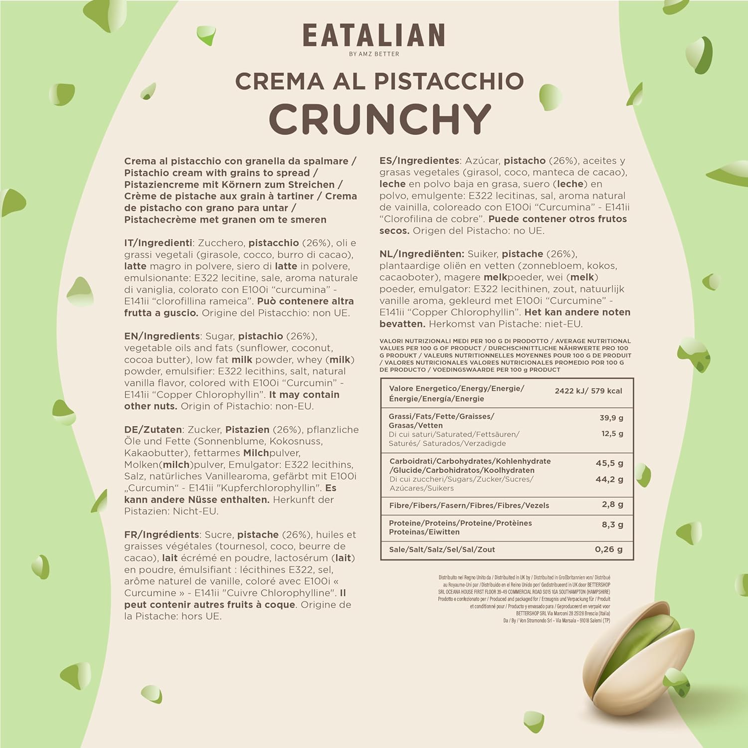 Crema de Pistacho Crujiente EATALIAN 200 g – Con Trozos de Pistacho, Sabor Dulce, Hecha en Italia