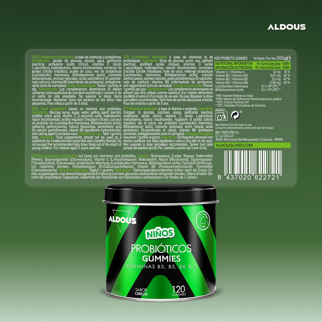 ALDOUS Chuches Probióticos Niños - 120 Gummies sabor natural Cereza - Flora intestinal, Gases e Hinchazón - Bifidobacterium, Lactobacillus, Vitamina C, B3, B5, B6