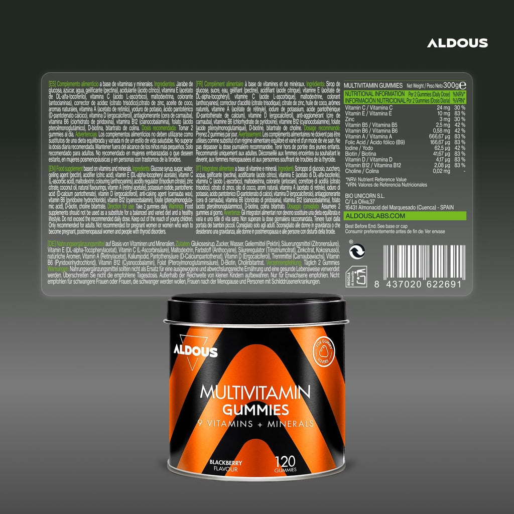 ALDOUS Gominolas Multivitaminas - 120 Gummies sabor natural Mora - 12 vitaminas y minerales - Todas las Vitaminas C, D, B12, E, A, B6, B5, Biotina, Ácido Fólico, Zinc, Yodo, Colina - ALDOUS