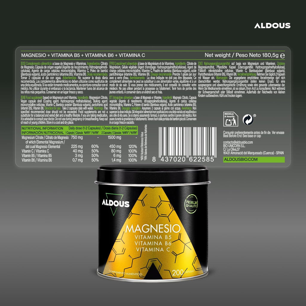 ALDOUS Citrato de Magnesio 1500 mg - 200 Cápsulas - Magnesio Puro 450mg + Vitamina C, B6, B5 Dosis Diaria