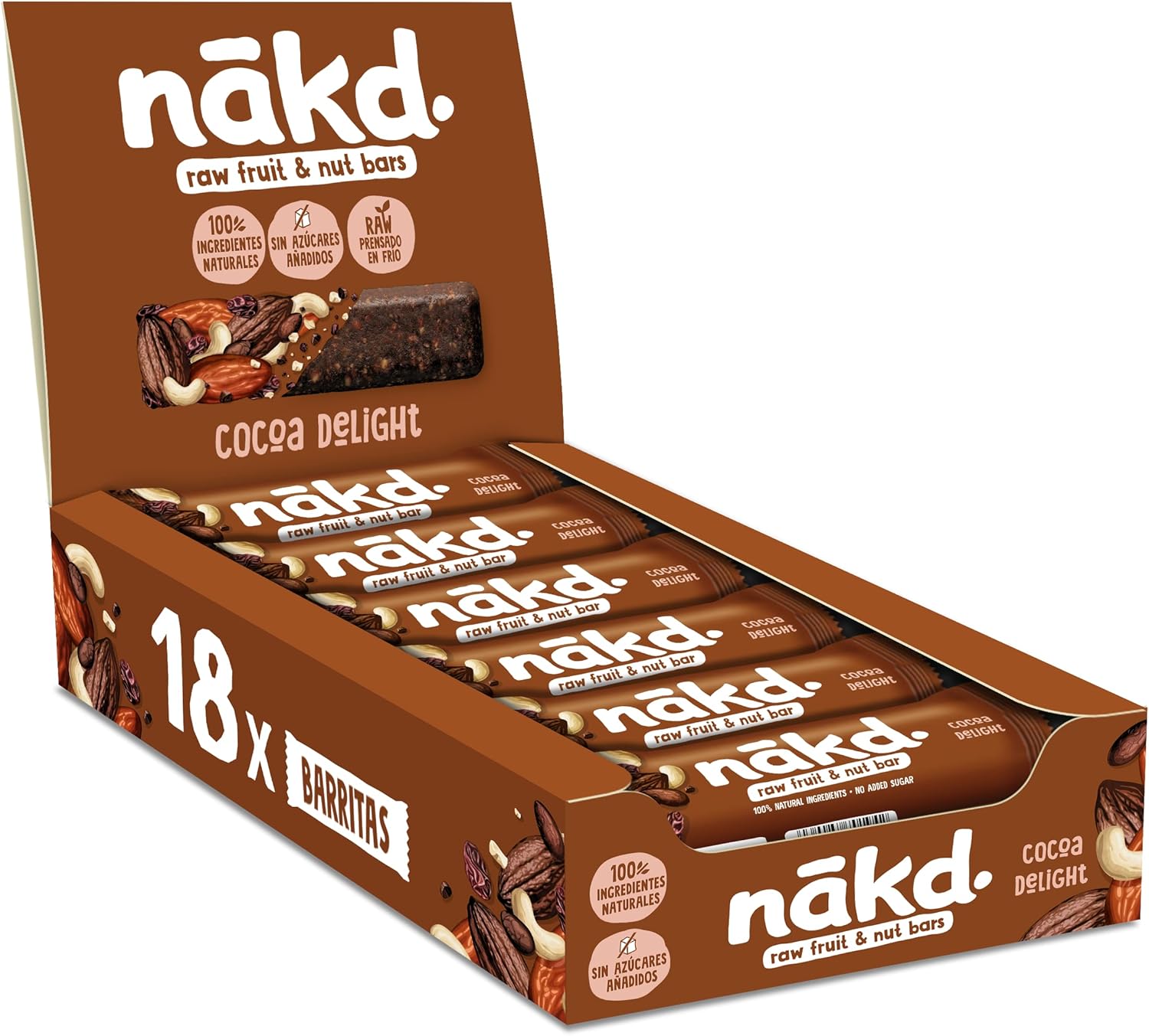 Barritas Nakd Cocoa Delight 18 x 35 g – Fruta y Frutos Secos Crudos, Sin Azúcar Añadido, Veganas