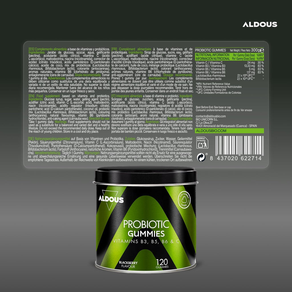 ALDOUS Probióticos Intestinales Gominolas - 120 Gummies sabor natural a Mora - Flora intestinal, Gases, Hinchazón - Bifidobacterium, Lactobacillus, Vitamina C, B3, B5, B6