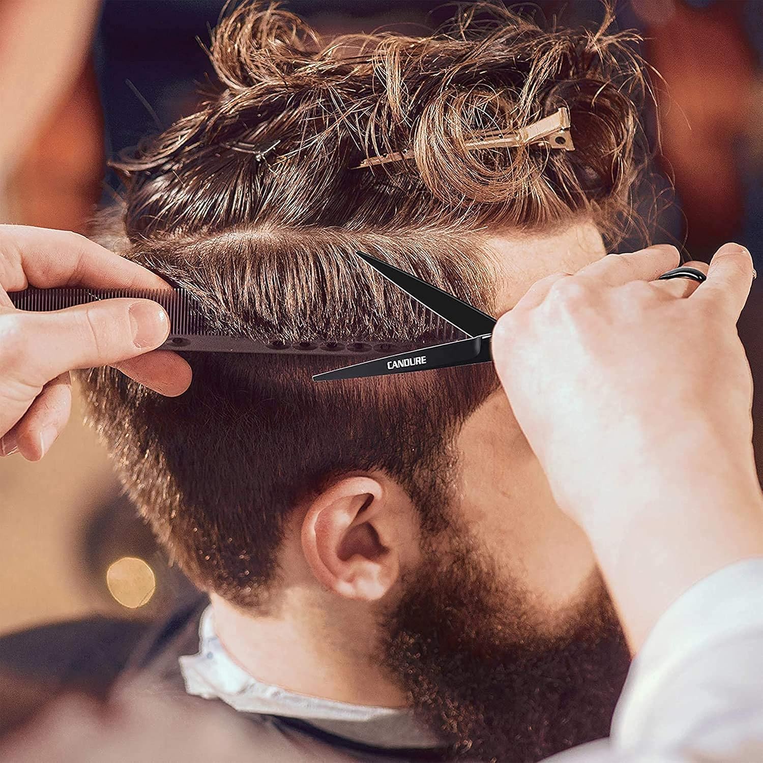 Tijeras de Peluquería Profesionales Candure 5,5" – Set Corte y Entresacar, Acero Inoxidable, Diseño Negro Profundo