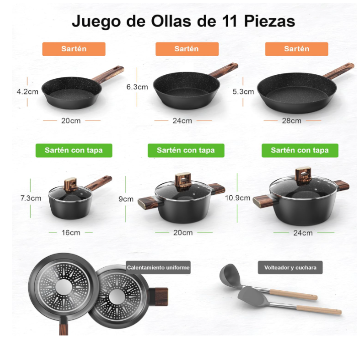 Batería de Cocina 11 Piezas Antiadherente Aluminio - Topbooc