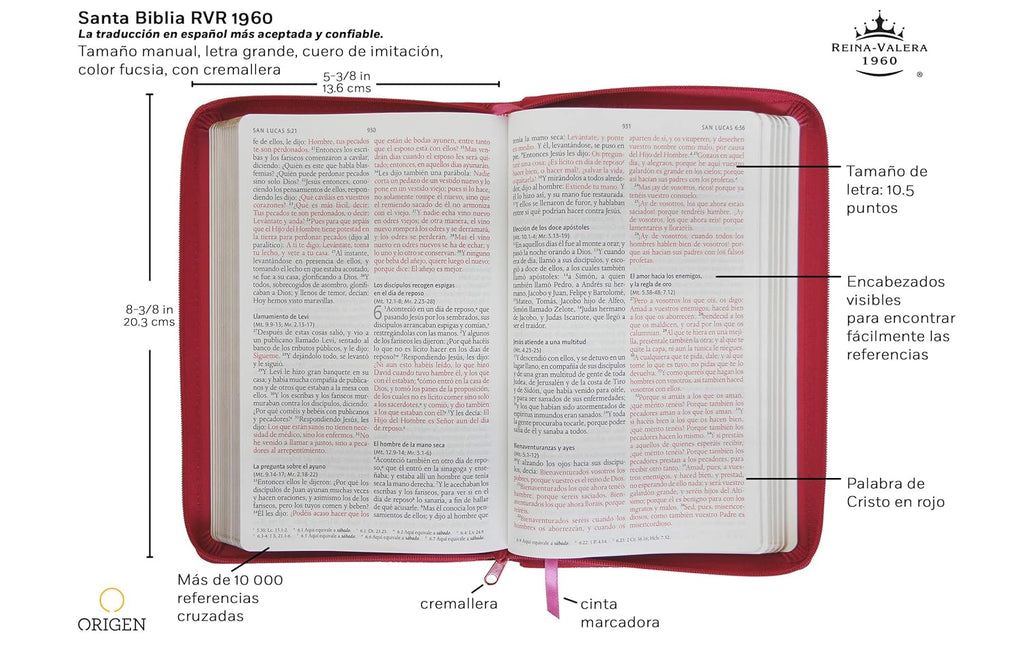 Biblia RVR 1960 Letra Grande Fucsia Cremallera | Símil Piel Tamaño Manual